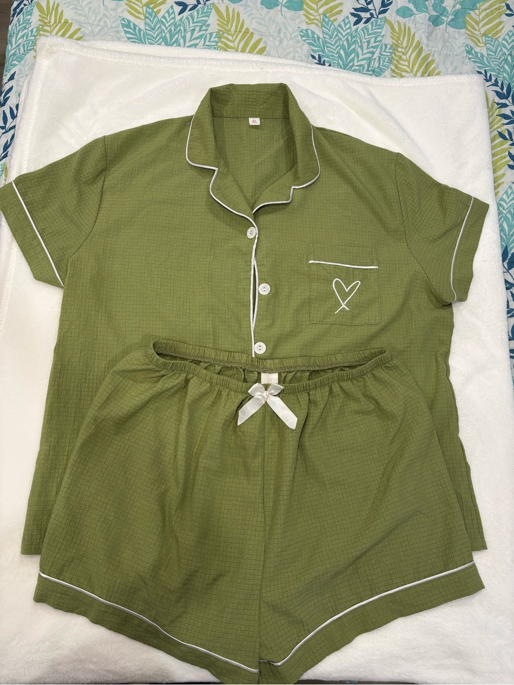 Olive Green Short-Sleeve Pajama Set with Contrast Trim
